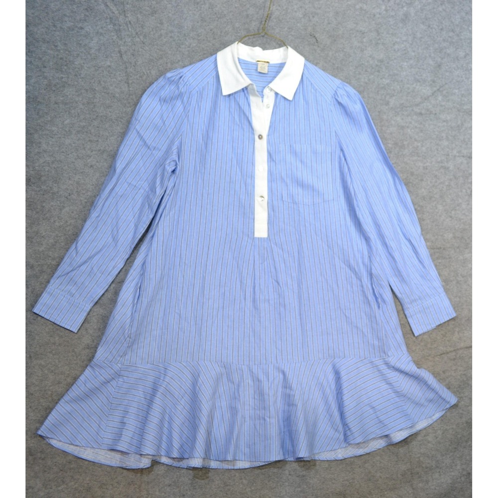 Magaschoni Shirt Linen Dress Womens S Petite Blue Stripe Ruffle Hem Long Sleeve